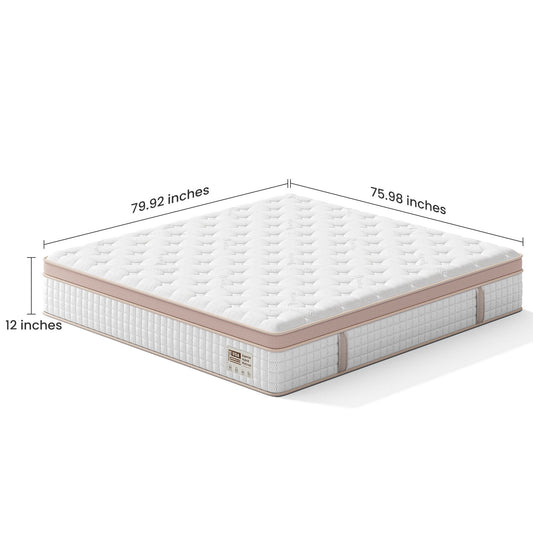 12" Firm Hybrid Mattress, Gel Memory Foam & Pocket Springs, Pressure Relief, Motion Isolation, Ergonomic Bed - White - King