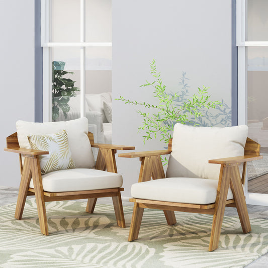 Outdoor Acacia Wood Club Chairs With Cushions (Set of 2) - Teak / Beige