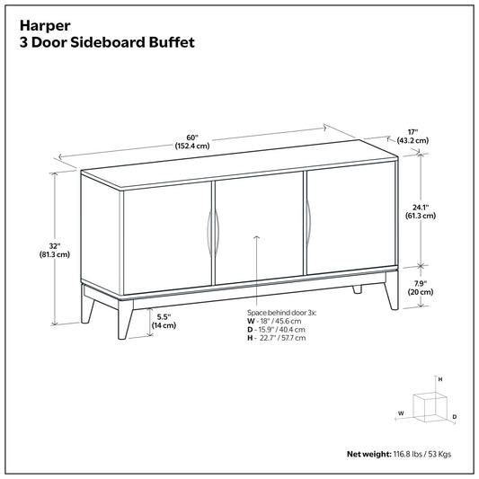 Harper - 3 Door Sideboard Buffet / Storage Cabinet - Walnut Brown