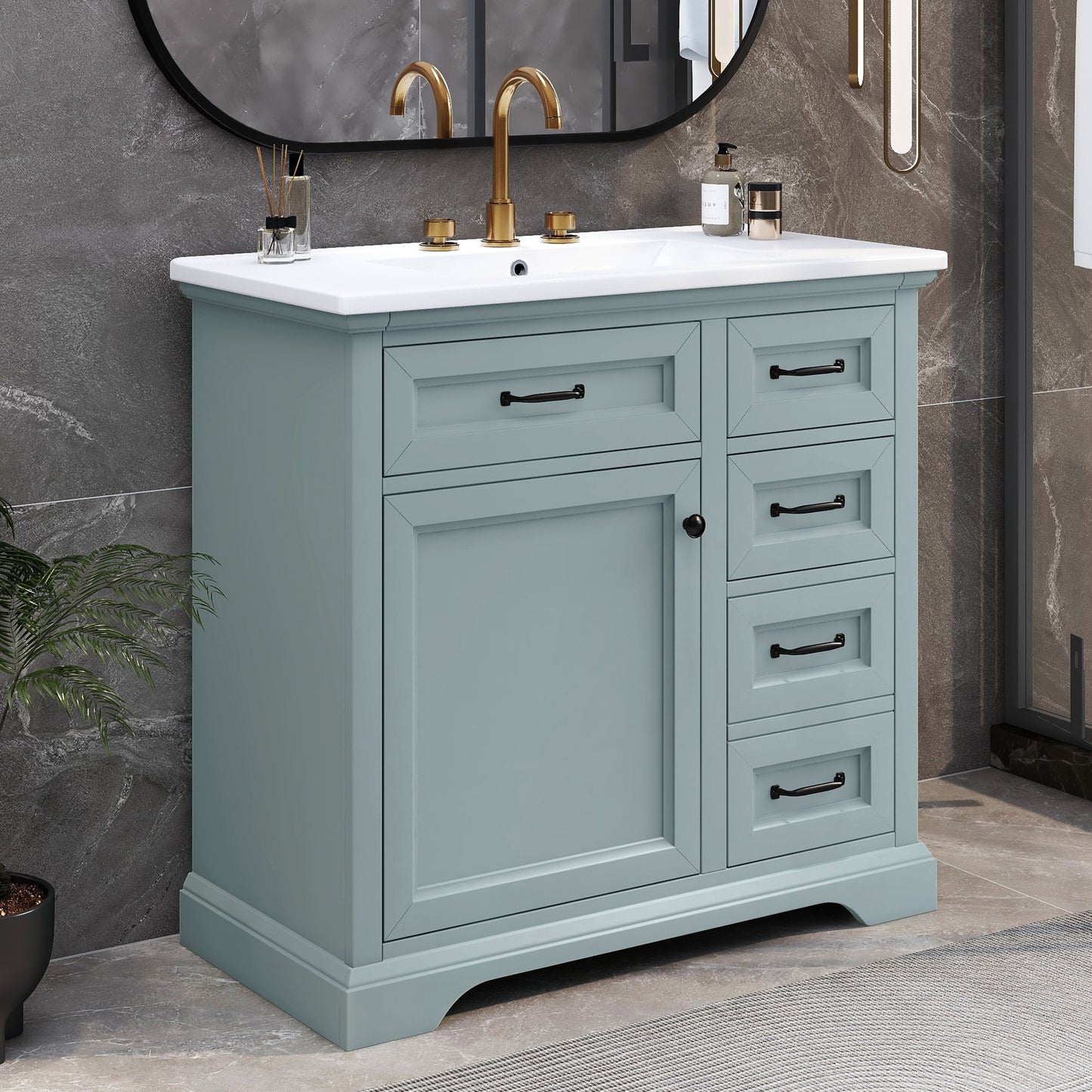 Bathroom Vanity With Ceramic Sink, Freestanding Design, 2 Tip Out Drawers, Soft Close Hinges - Gray