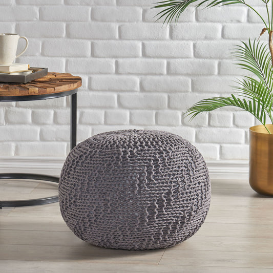 Hazel - Modern Knitted Cotton Yarn Round Pouf With Eco Friendly Pet Fibers - Dark Gray