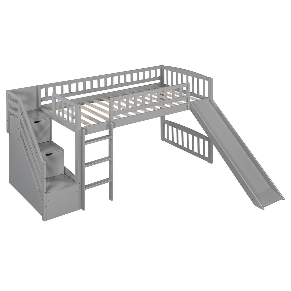Loft Stairway Bed With 2 Drawers, Convertible Ladder And Slide