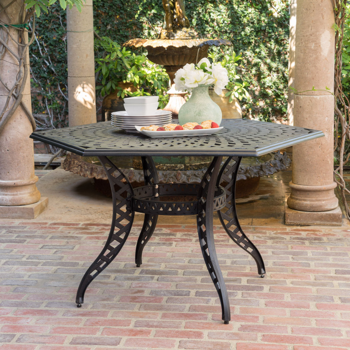 Outdoor Cast Aluminum Dining Table With Lattice Top And Umbrella Hole - Black