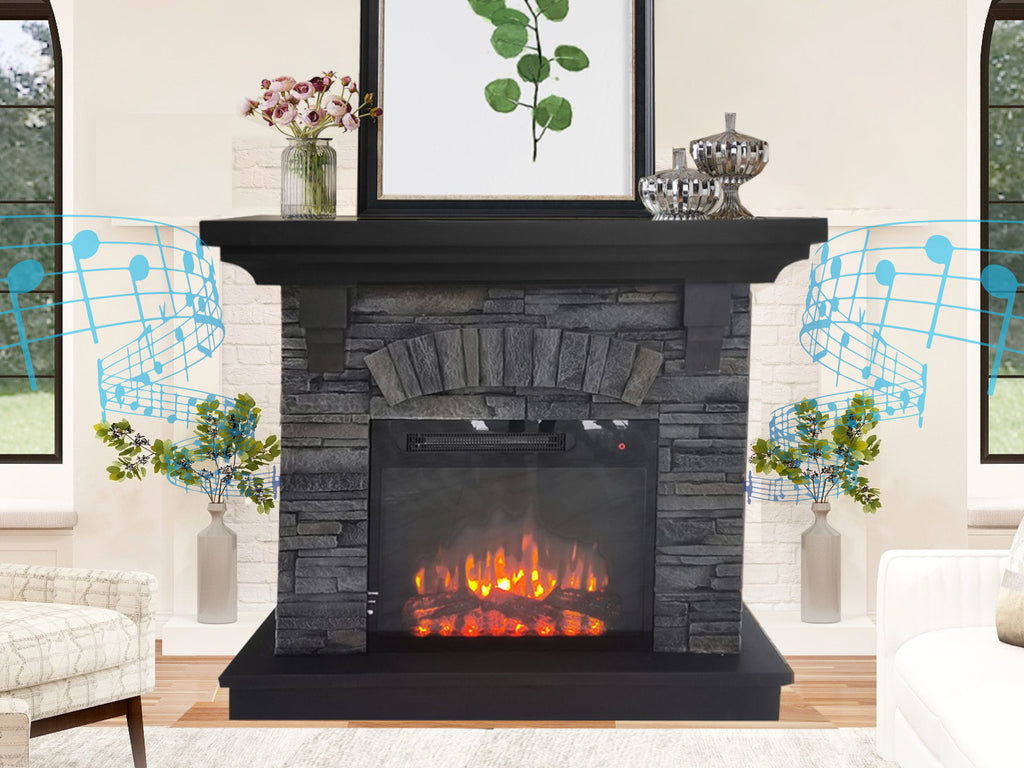 Stone Looking Fireplace Mantle Speaker System - Dark Gray