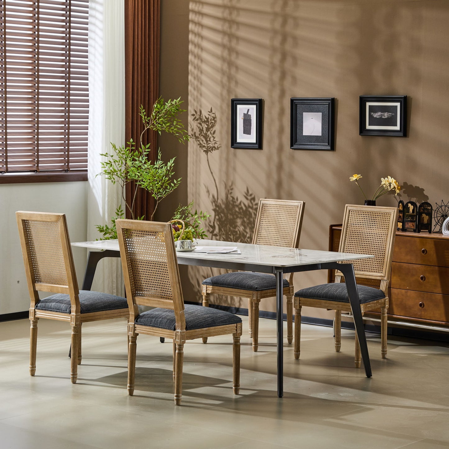 French Country Dining Chair With Rectangular Cane Backrest And Smooth Upholstered Seating