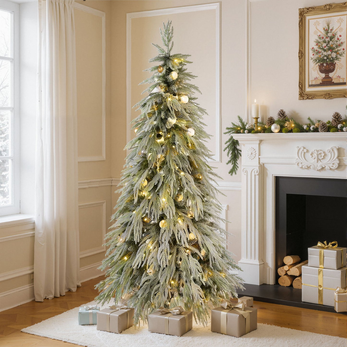 5Ft Pre Lit Spruce Snow Flocked Christmas Tree With LED Lights, Artificial Hinged Xmas Tree - White / Green