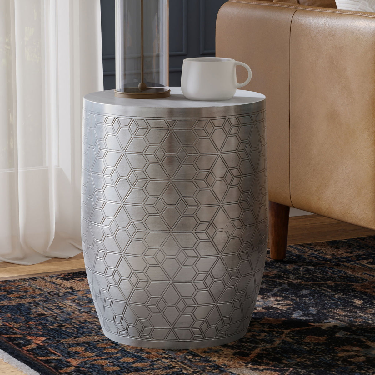 Johnsen - Geometric Pattern Accent Table - Antique Silver