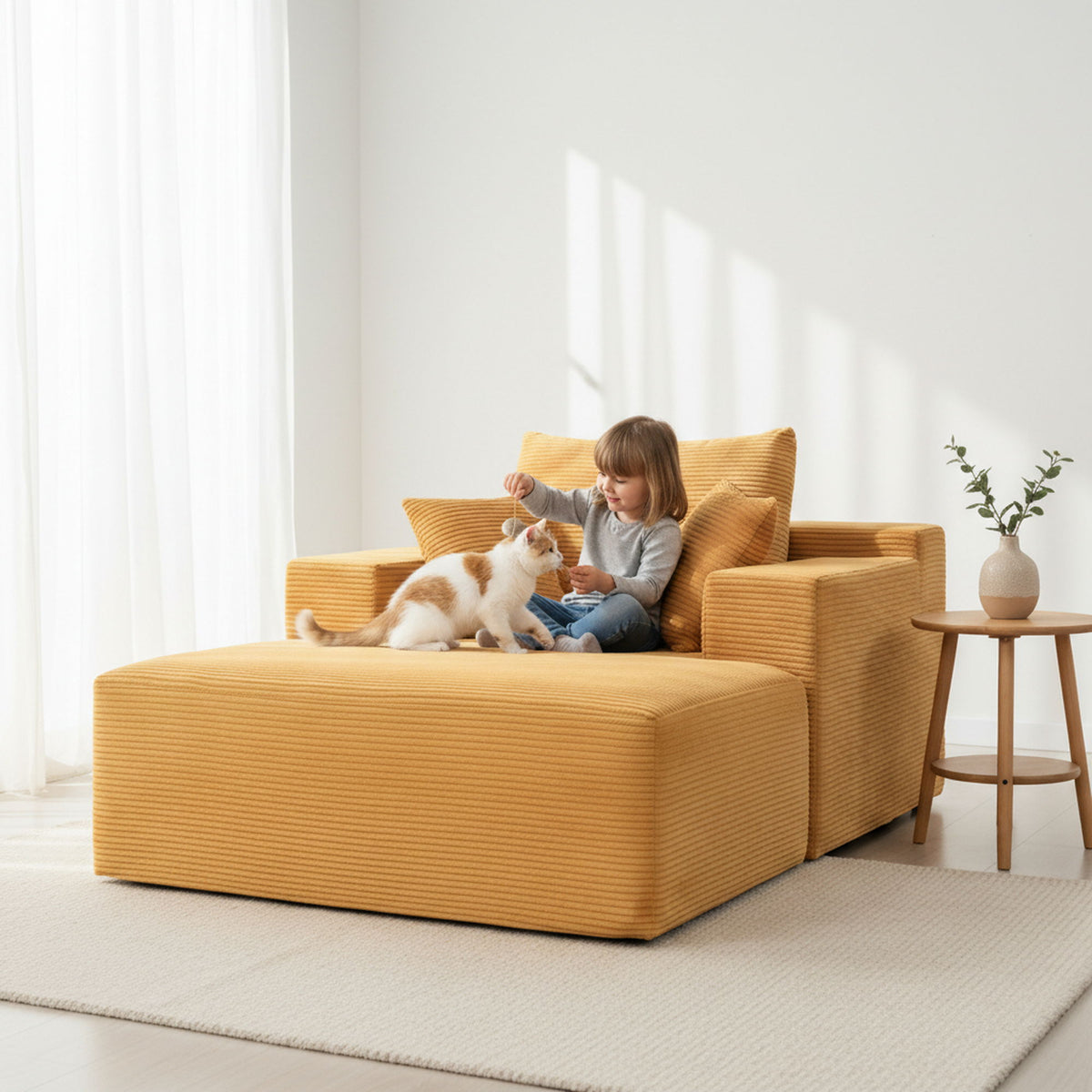 Convertible Chaise Lounge Chair With Wide Armrest & Throw Pillows
