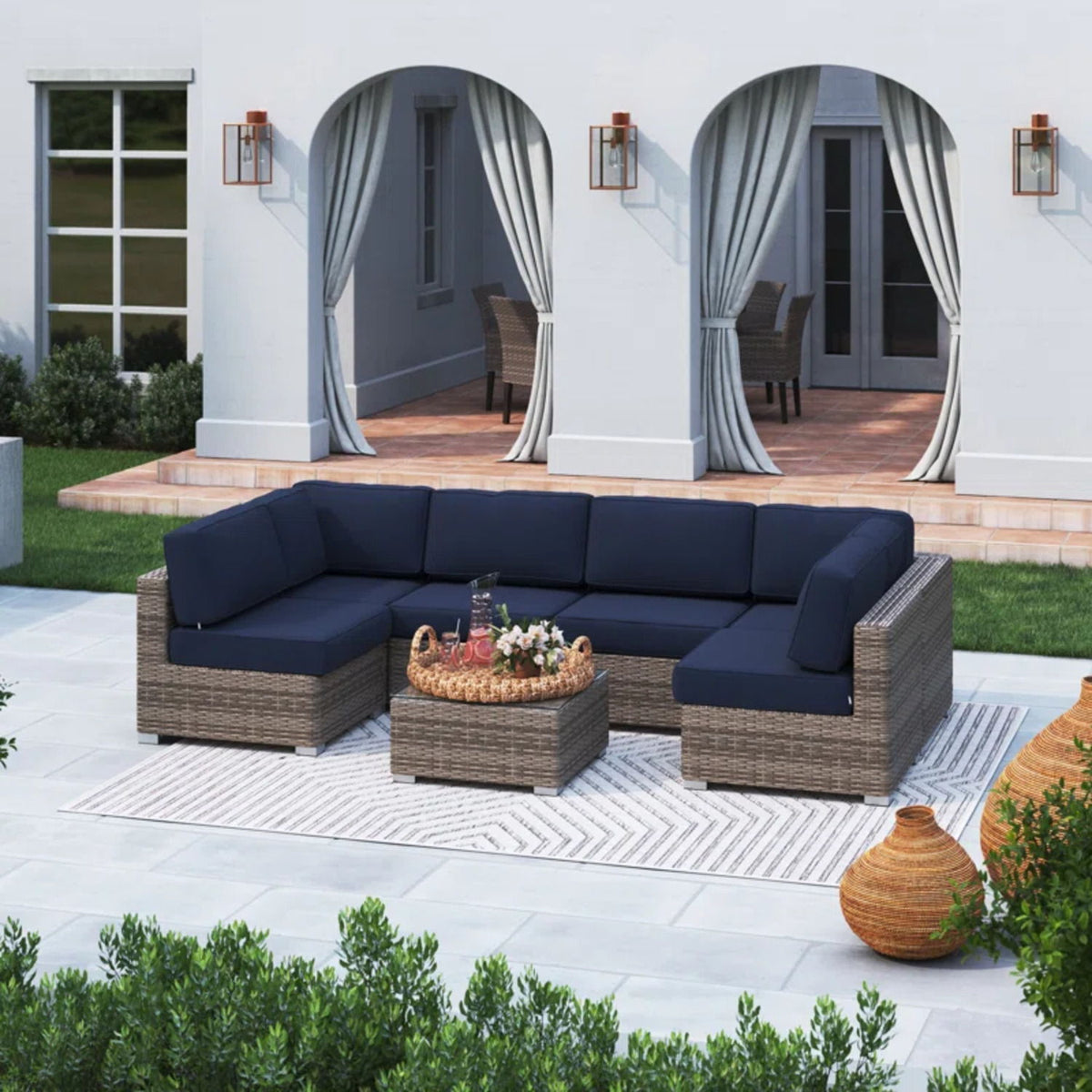 6 Person Outdoor Sofa Set With Premium Cushions, All Weather Wicker - Dark Blue / Gray Mix