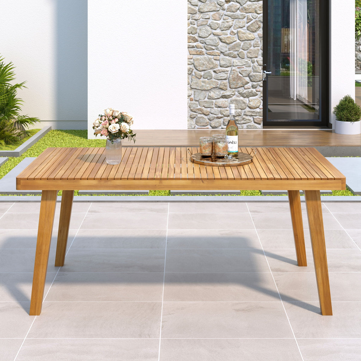 Outdoor Dining Table With Slatted Top, Ideal For Patio - Natural