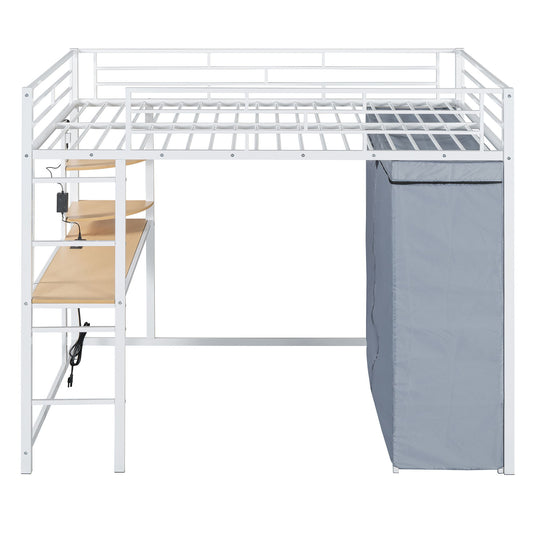 Loft Bed With Desk, Shelves, Power Outlet, LED Light And Wardrobe
