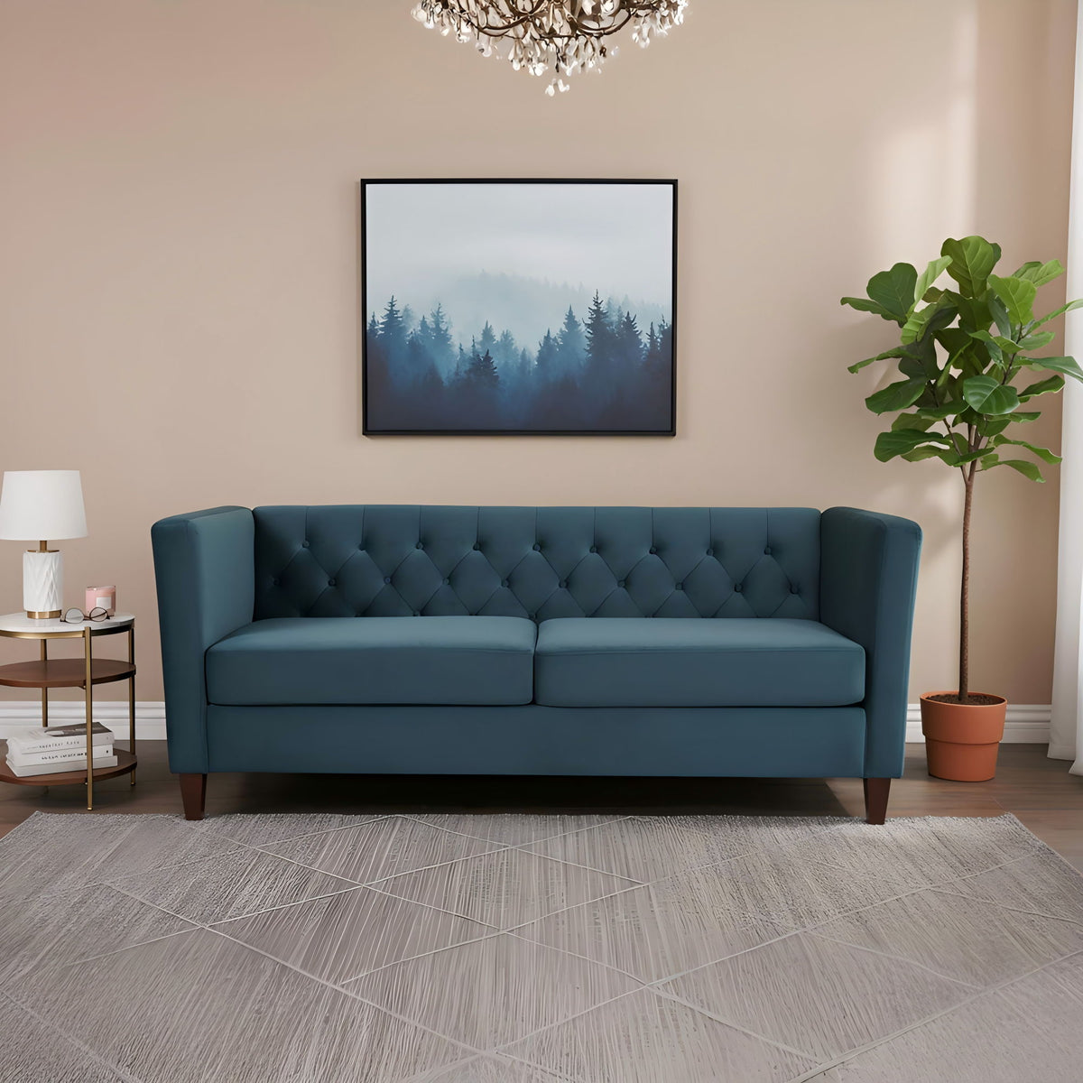 Button Tufted 3 Seater Sofa, Upholstered Couch For Living Room - Navy Blue