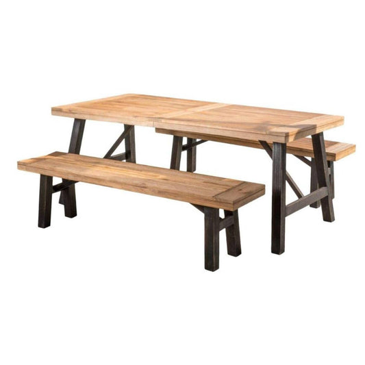 Outdoor Dining Set With 2 Bench And 1 Dining Table - Light Brown