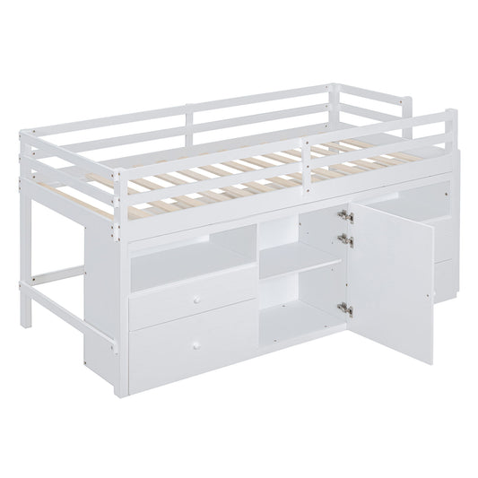 Loft Bed With 4 Drawers, Underneath Cabinet And Shelves