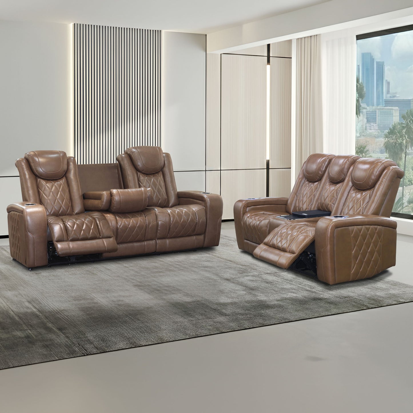 Dorian - 2 Piece P2 Sofa/Loveseat With Power Headrest, Footrest & Cooler - Dark Brown