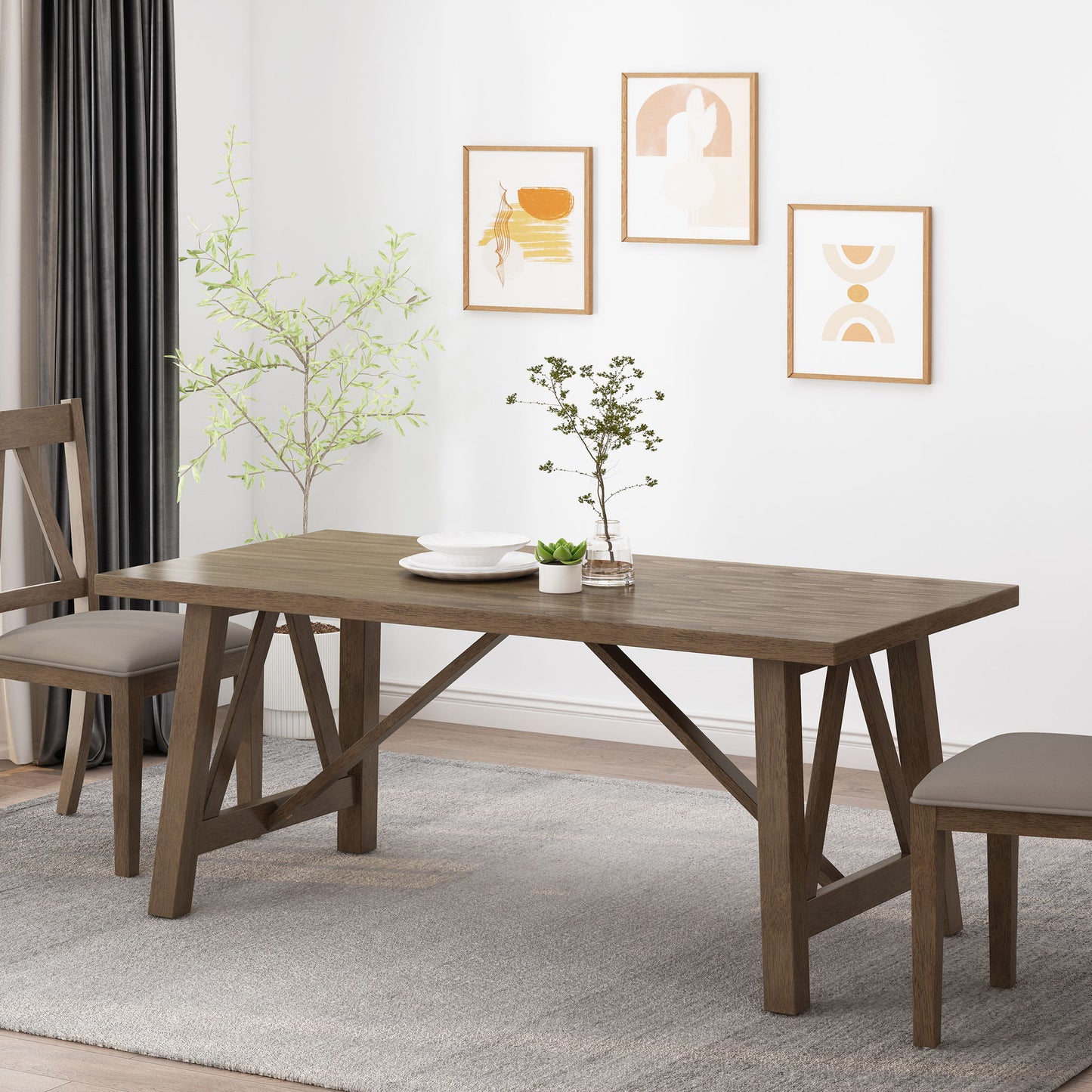 Farmhouse Style Dining Table With Wood Like Top