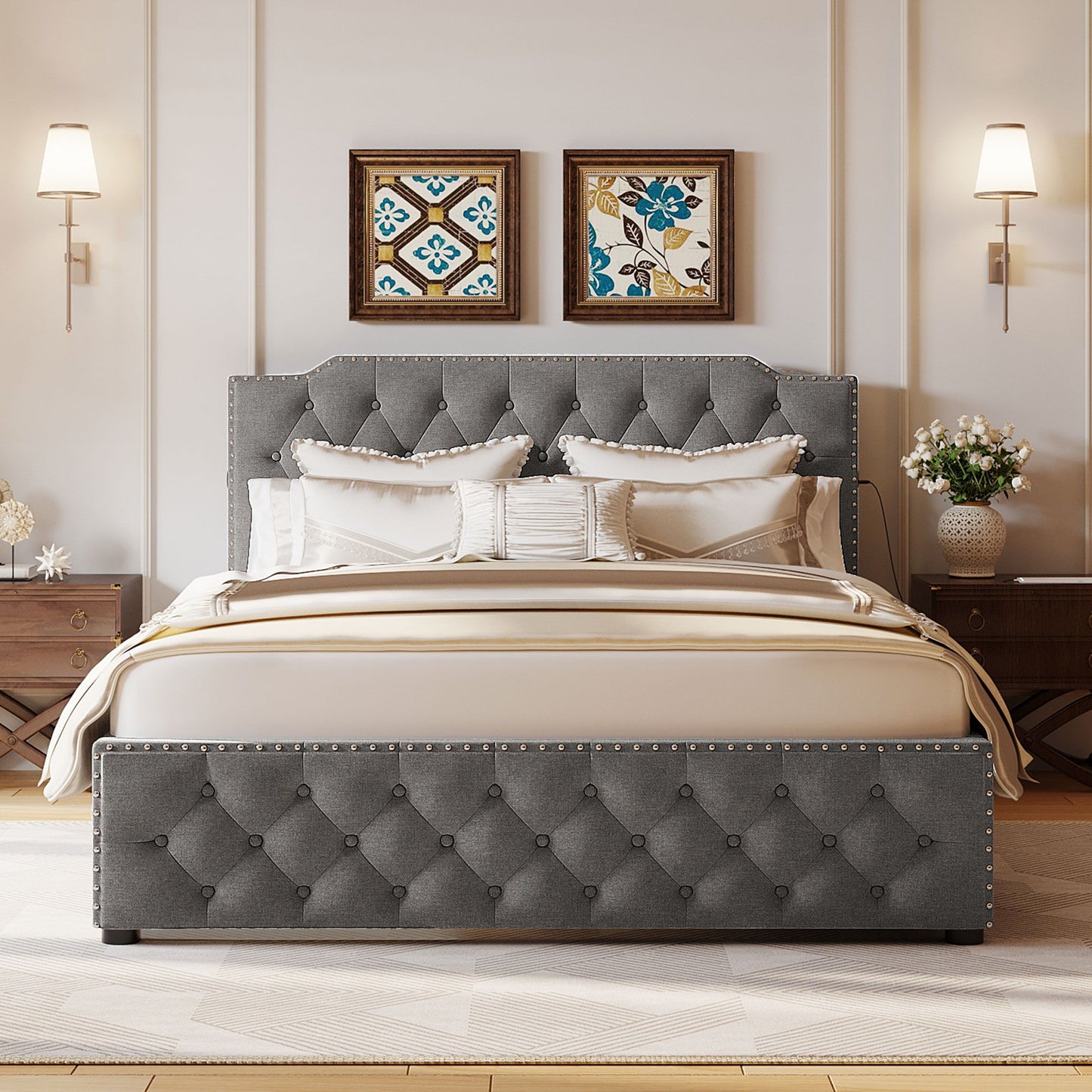 Upholstered Platform Bed With 2 Drawers And 2 Sets Of USB Ports On Each Side, Fabric