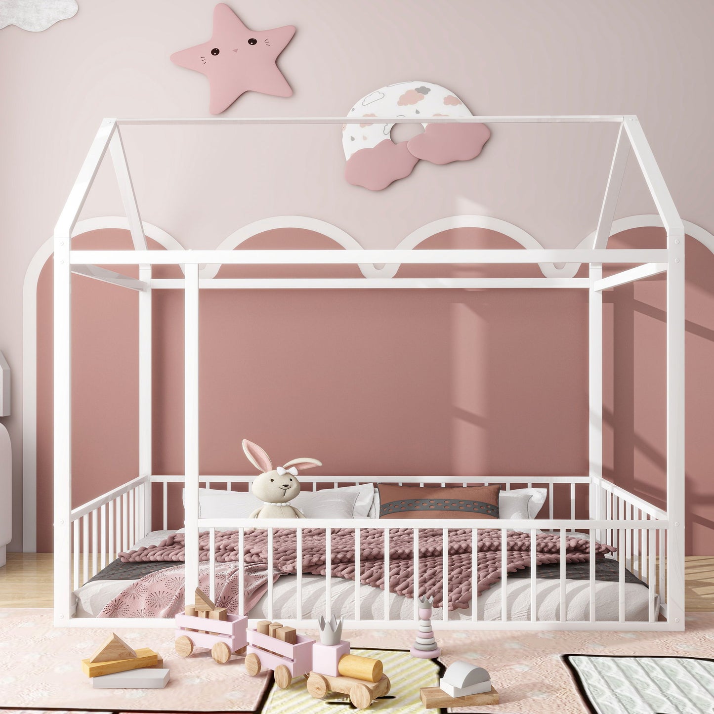 Metal Bed House Bed Frame With Fence