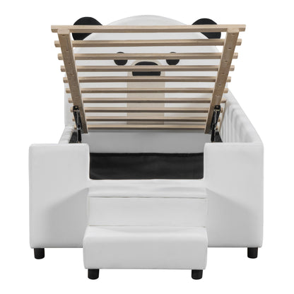 Upholstered Daybed With Bear Shaped Headboard, Hydraulic System And Breathable Fence