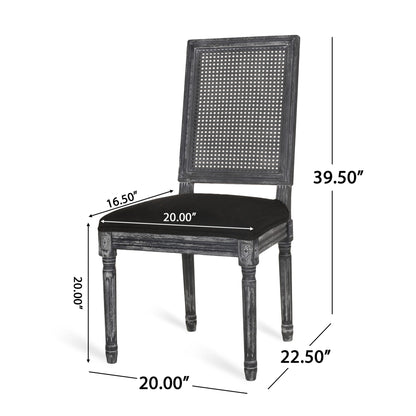 French Country Dining Chair With Rectangular Cane Backrest And Smooth Upholstered Seating