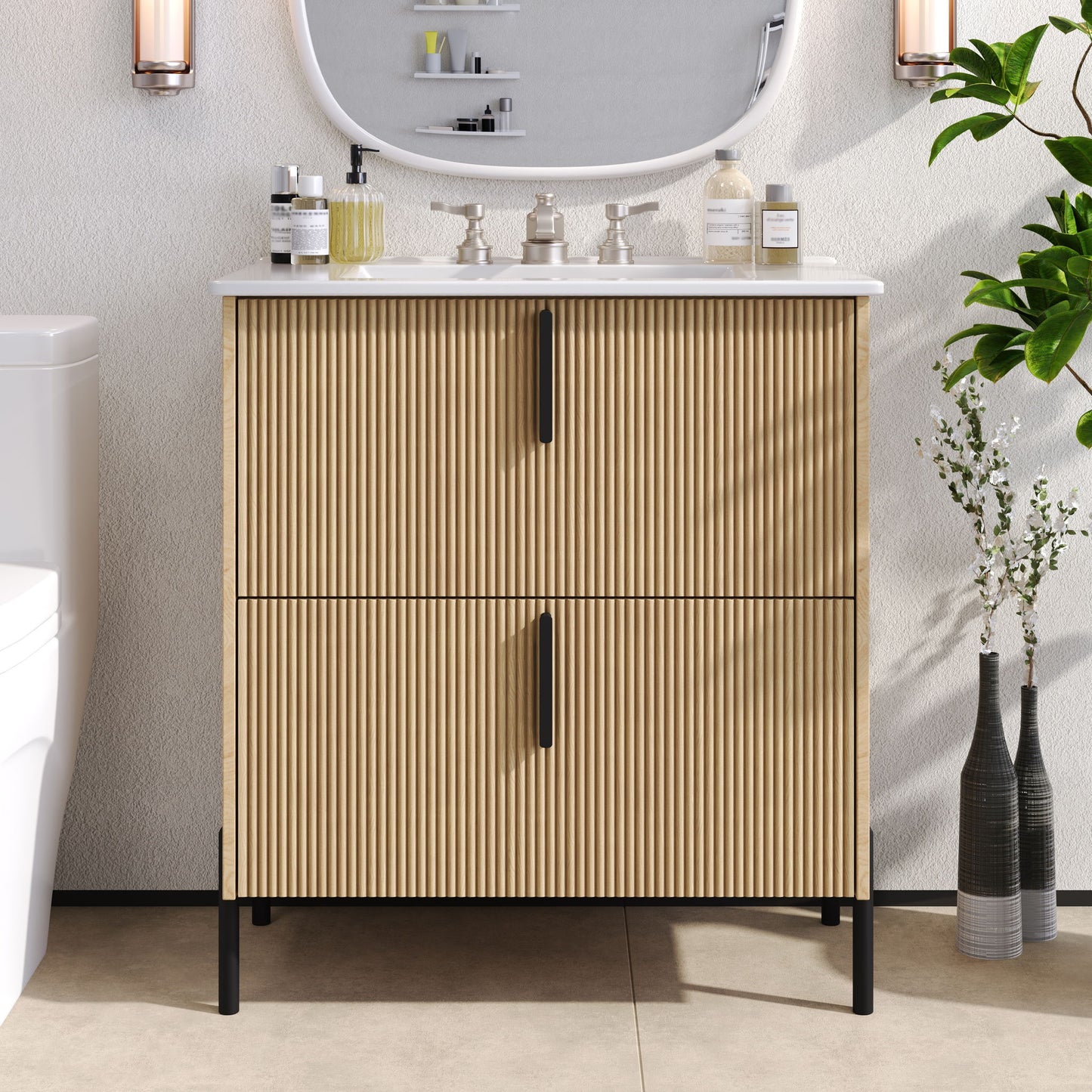 Bathroom Vanity With Ceramic Sink, Fluted Design