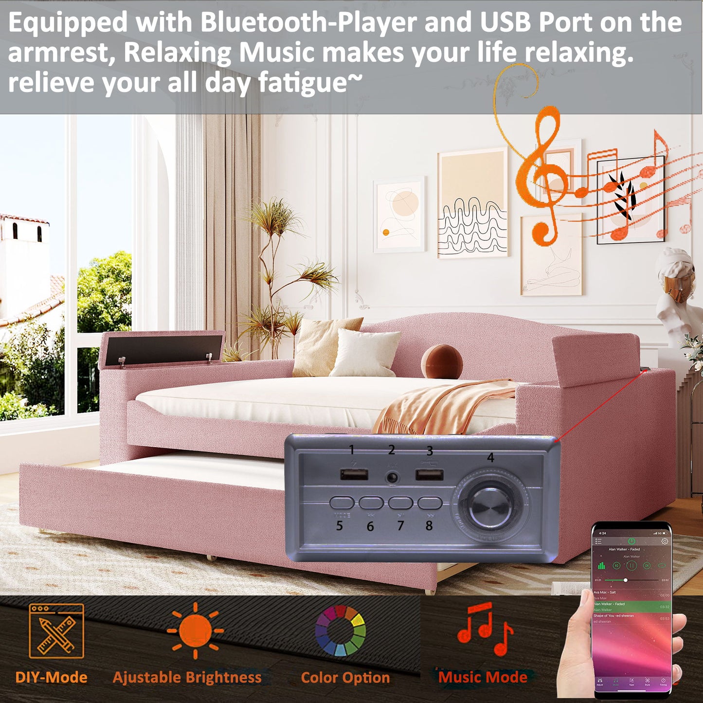 Upholstered Daybed With Storage Armrests, Trundle And Latest Integrated tooth Audio System