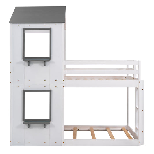 Bunk Bed Wood Bed & Roof, Window, Guardrail, Ladder