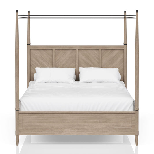 Queen Canopy Bedroom Set With A 2 Drawer Nightstand A Dresser With Poster Mirror And A Door Chest - Sand