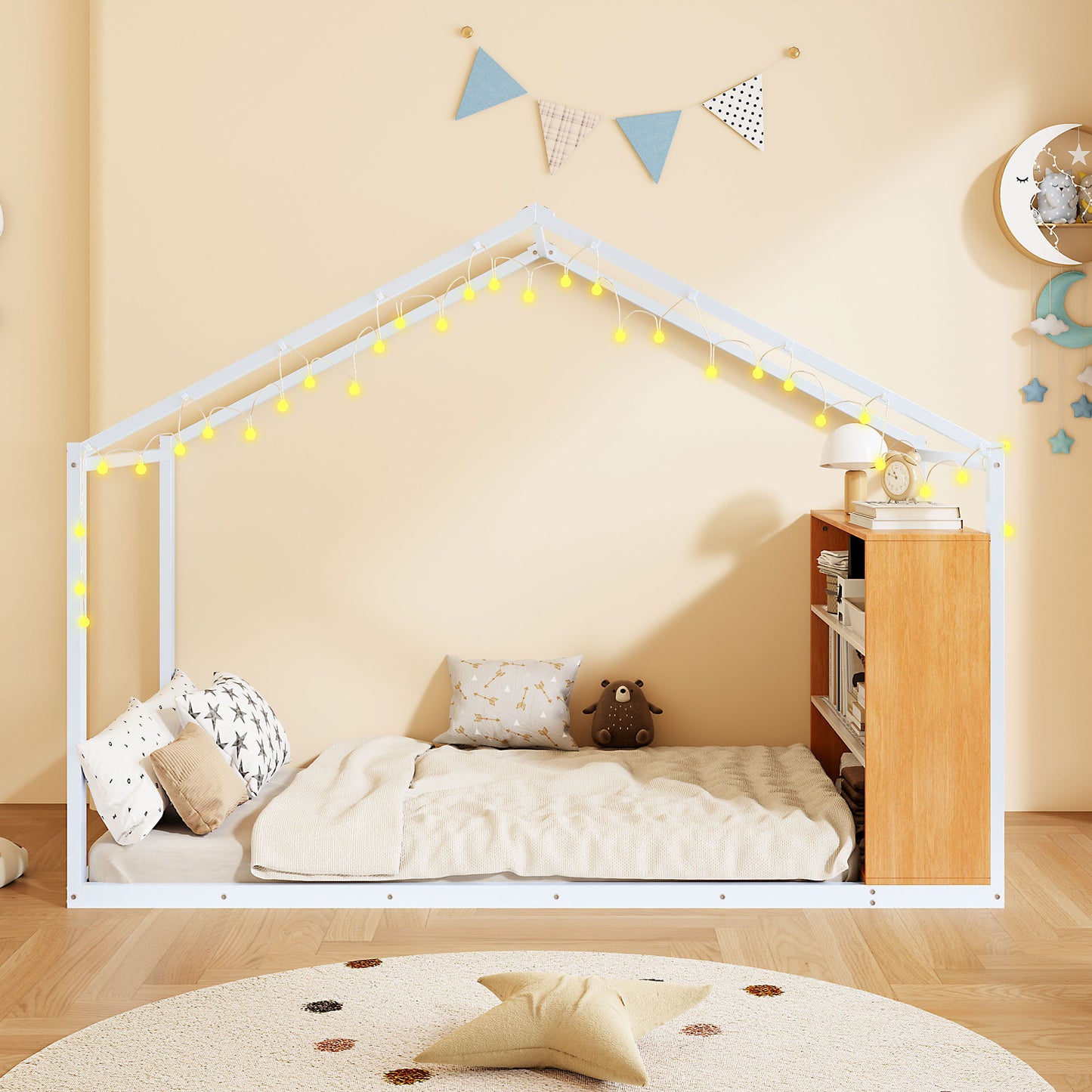 Bed House Frame With Shelves And Lights