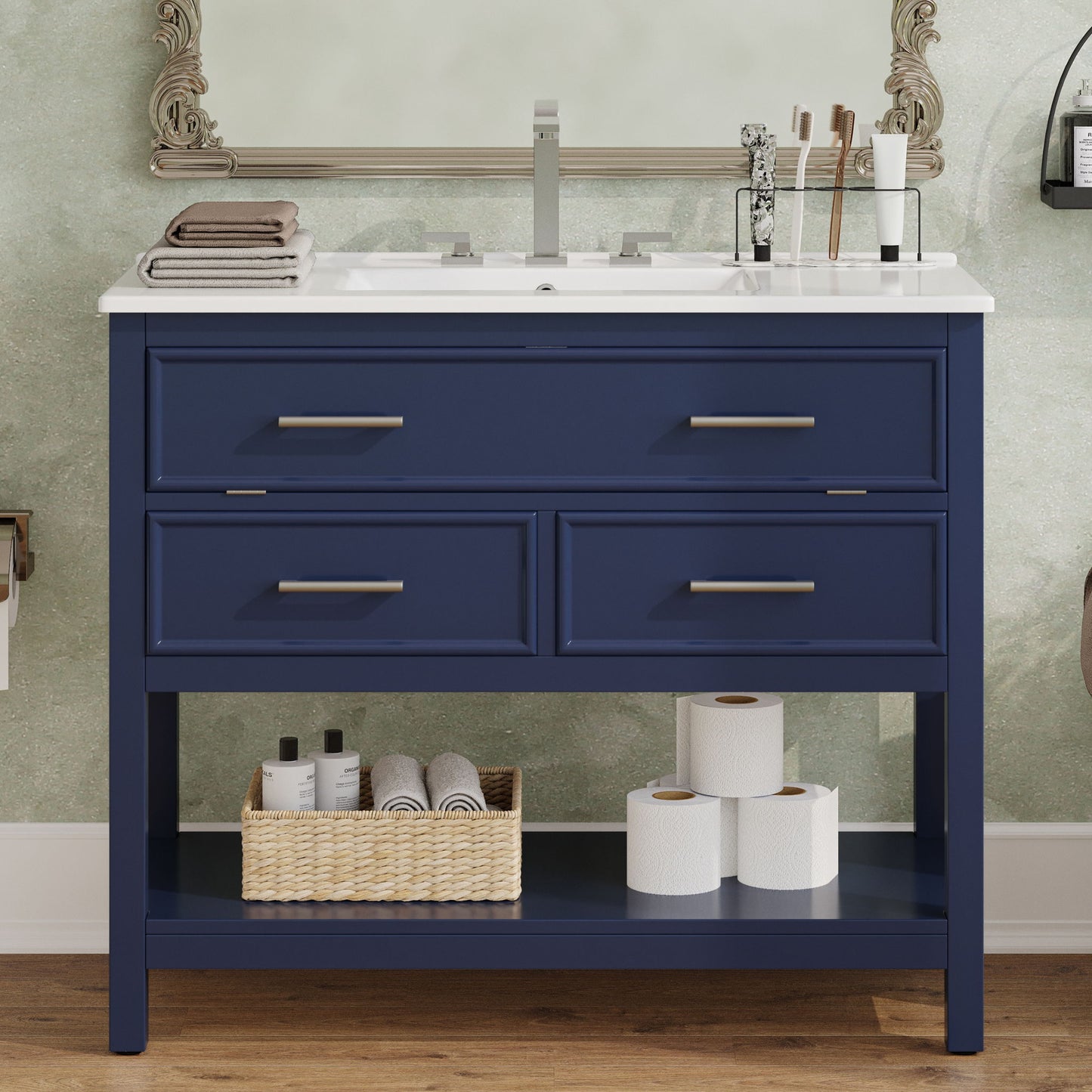 Bathroom Vanity With Ceramic Sink, Tip Out Tray & 2 Full Extension Drawers