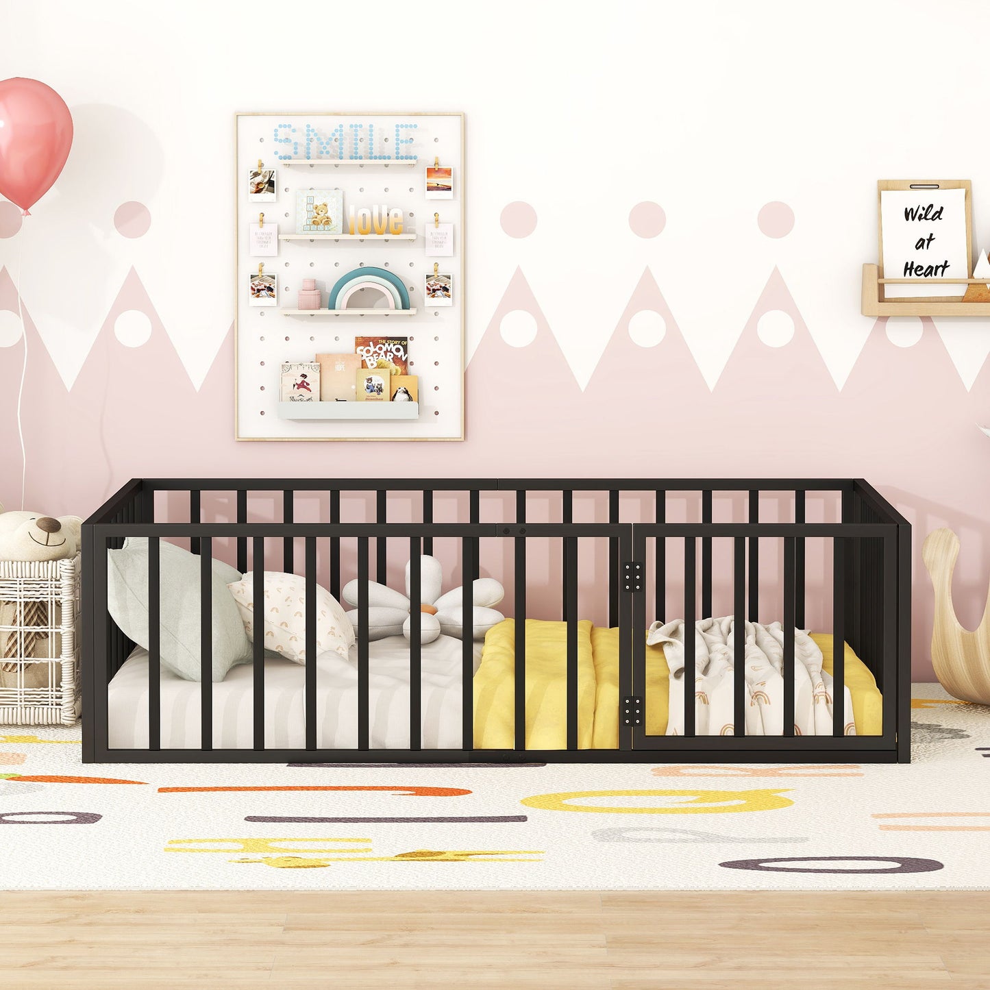 Metal Floor Bed Frame With Fence And Door