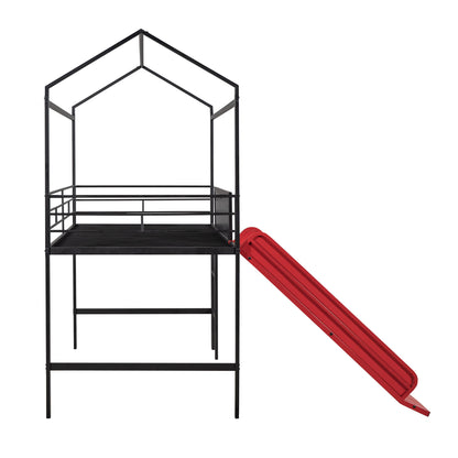 Twin Metal Loft Bed With Slide And 2 Sided Writable Wooden Board - Black