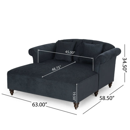 Upholstered Chaise Lounge With Scroll Arms, Turned Legs And 2 Pillows