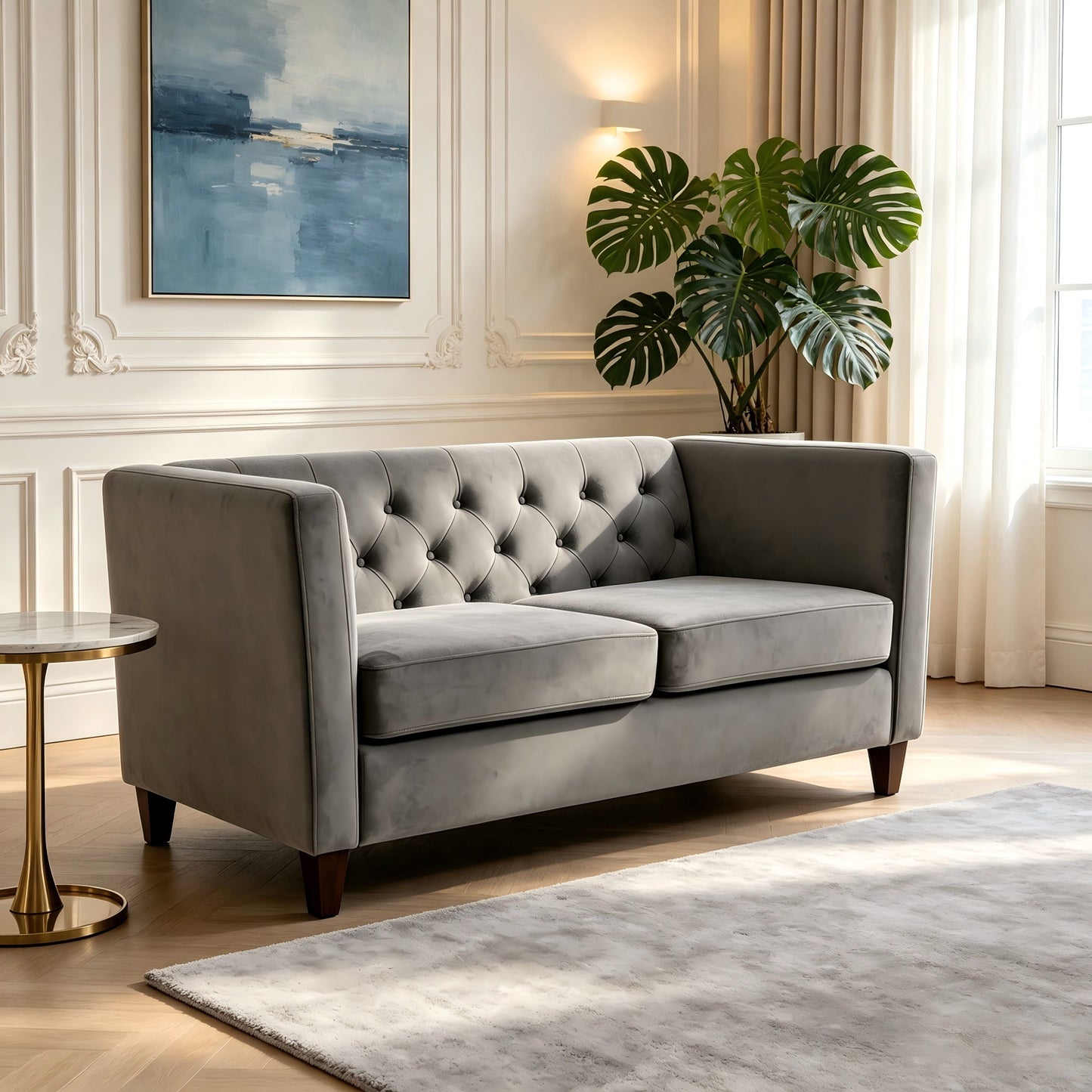 Button Tufted Loveseat, 2 Seater With Square Arm Couch For Living Room