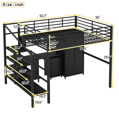 Full Size Loft Bed With Desk Set And Wardrobe - Black