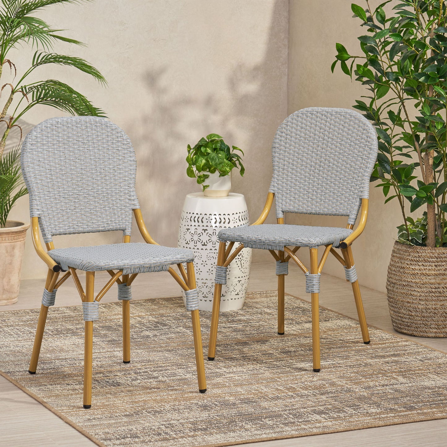 Outdoor Rattan And Aluminum Armless French Bistro Chairs (Set of 2) - Dark Gray